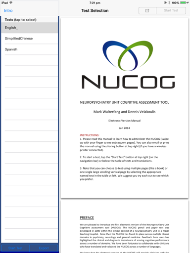 NuCog test and manual page