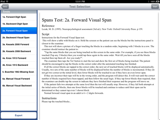 SpanTests task selection screen